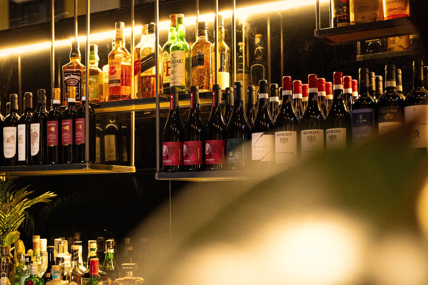 Il bancone con bottiglie e distillati